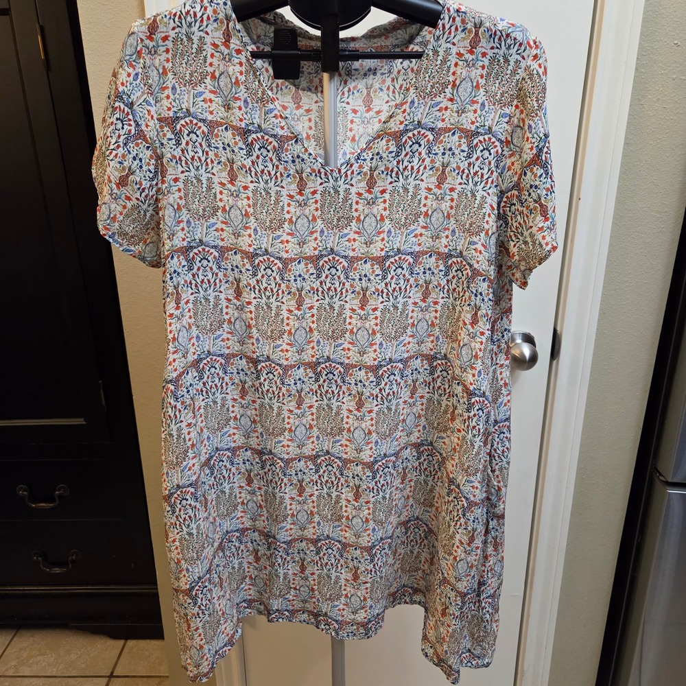 Benares Women XL Viscose V-Neck Short Sleeve Floral Botanical Shift Dress Multi